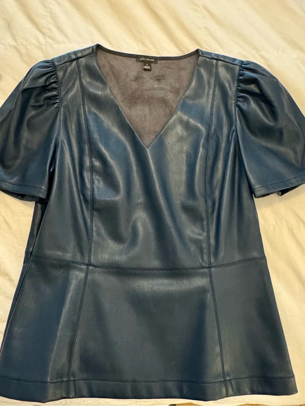 Faux Leather Puff Sleeve V-Neck in Teal/ Midnight Spruce